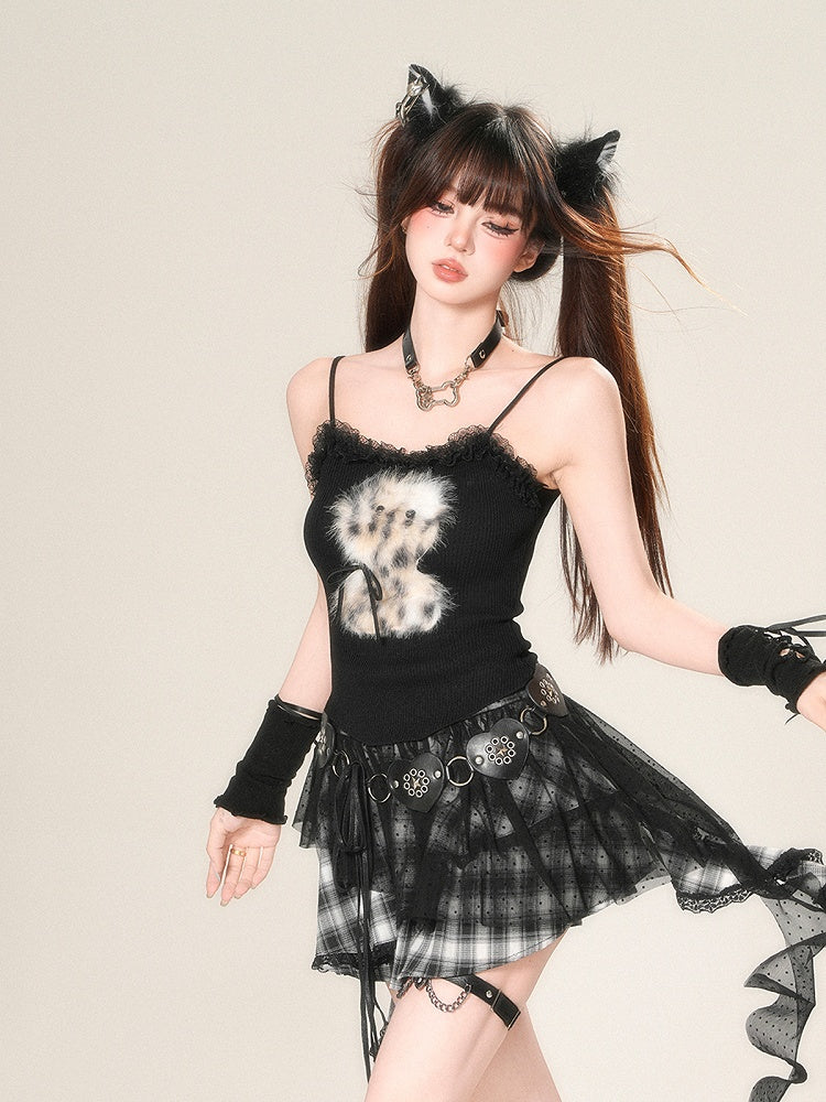 Ruffle Neckline Black/Gray Glamorous Plush Cami Top Leopard Animal