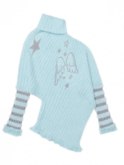 Cool Season Kawaii Blue Asymmetric Faux Mohair Star Wing Sweater - Languid Park