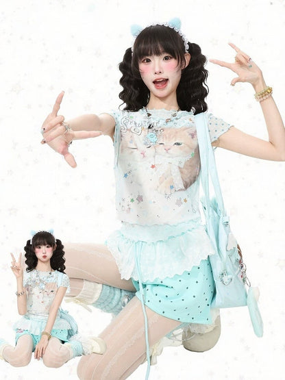 Green Mesh T-Shirt with Kitty and Star Print - Languid Park