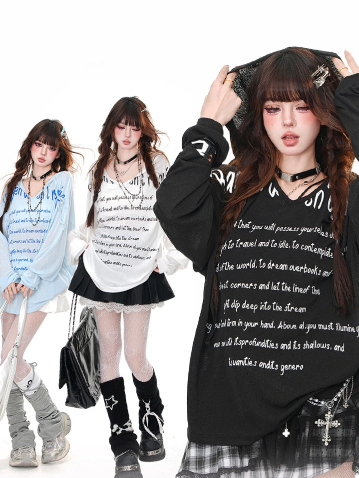 Hoodie V-Ausschnitt Schwarz/Weiß/Blau Buchstabendruck Locker Halbtransparent