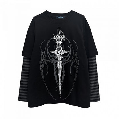 in with Faux Sigil Black Striped Gothic Sleeves Two-Piece Dark Style Top