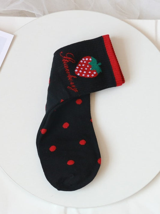 Black Strawberry Polka-dot Pattern Calf Socks