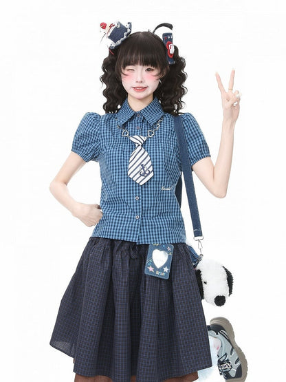 Blue Plaid Puff Sleeve Polo Shirt - Languid Park