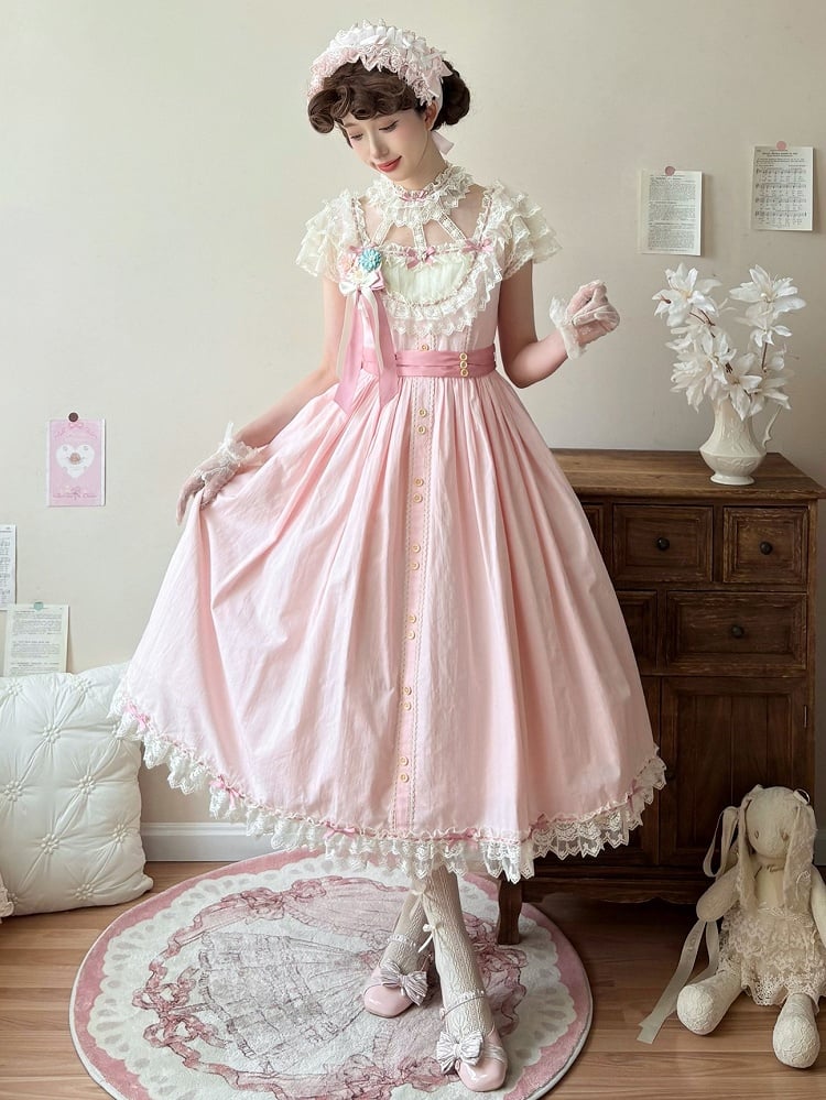 Pink with Bow Details Version Lolita Elegant Classic Dress Lace Long and