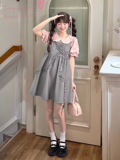 Slip-Kleid, locker, grau, großes Rüschen-Schleifen-Design