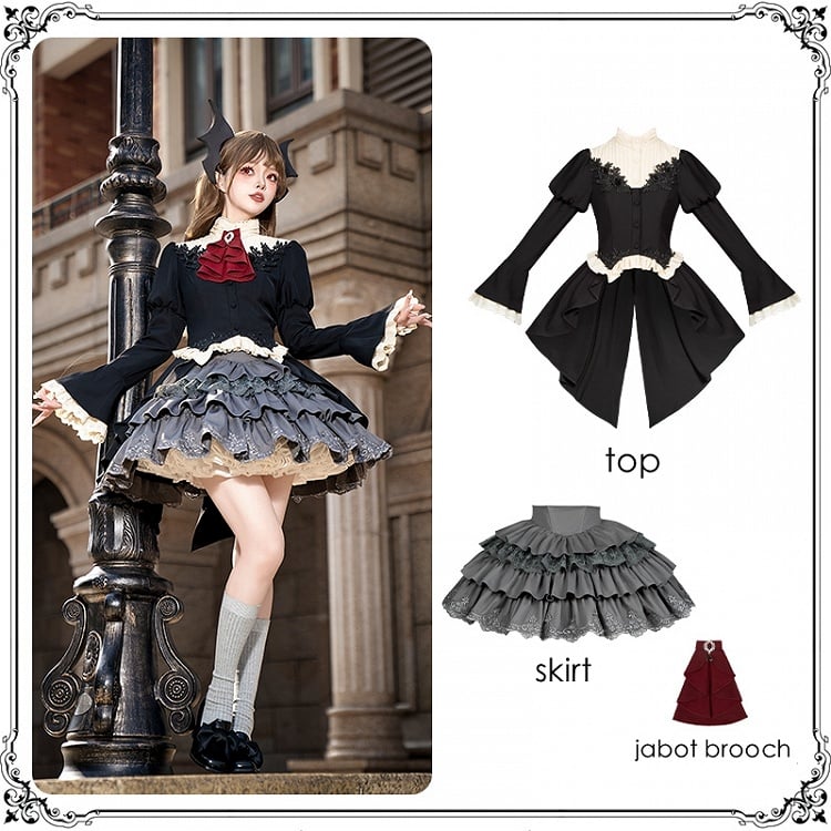 Gothic Lolita Full Set - Black Swallow Tail Long-Sleeve Top + Gray Tiered Skirt + Red Jabot Brooch