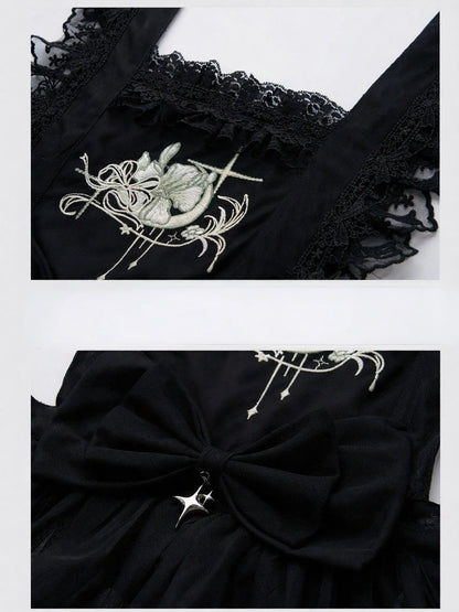 Black Gothic Lace-Trim Overlay with Floral Embroidery & Slit - San Sheng Du