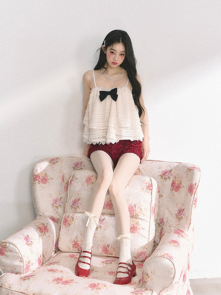 アプリコット レーストリム ティアードキャミソール リボン結び ブラック