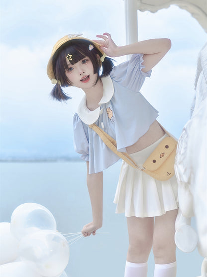 Blue Little Chicken Embroidery Peter Pan Collar Top + White Pleated Skirt Swimsuit Set