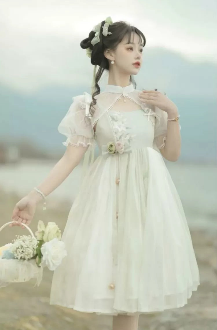 Banded Green Floral Embroidery Top Dress White Collar +