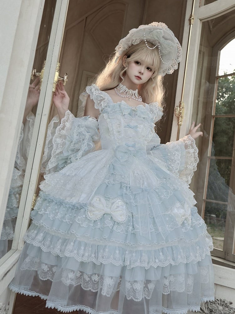 Sleeves Light Flutter Dress with Layered Blue Lace Lolita Princess