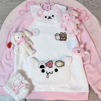 Sweatshirt: Bib Pink White Bear Embroidery