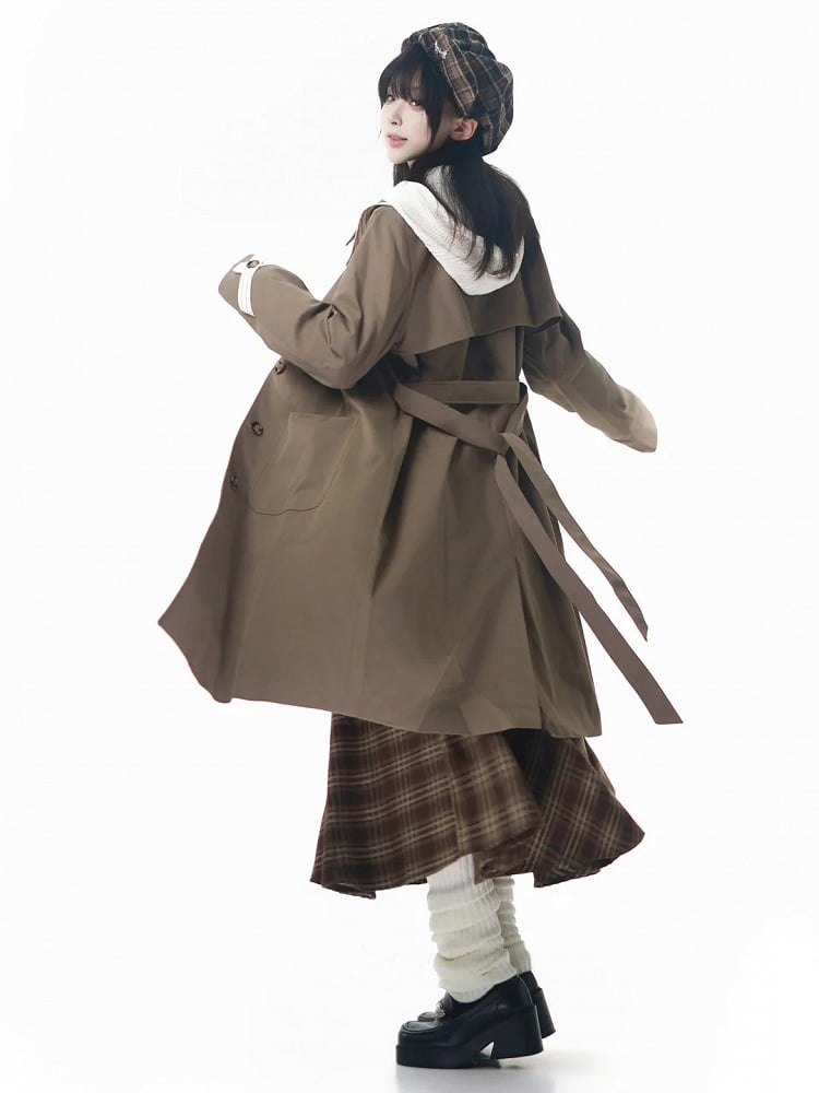 Fashion Brown Millard and Double with Waist Collar Coat Striped Long Sash