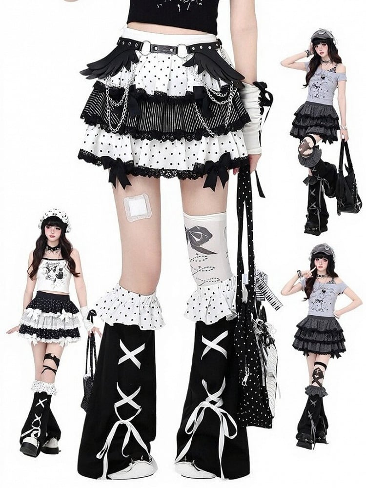 White Polka Dot Tiered Skirt with Bow & Lace & Leg Warmers - CRAZY GIRL