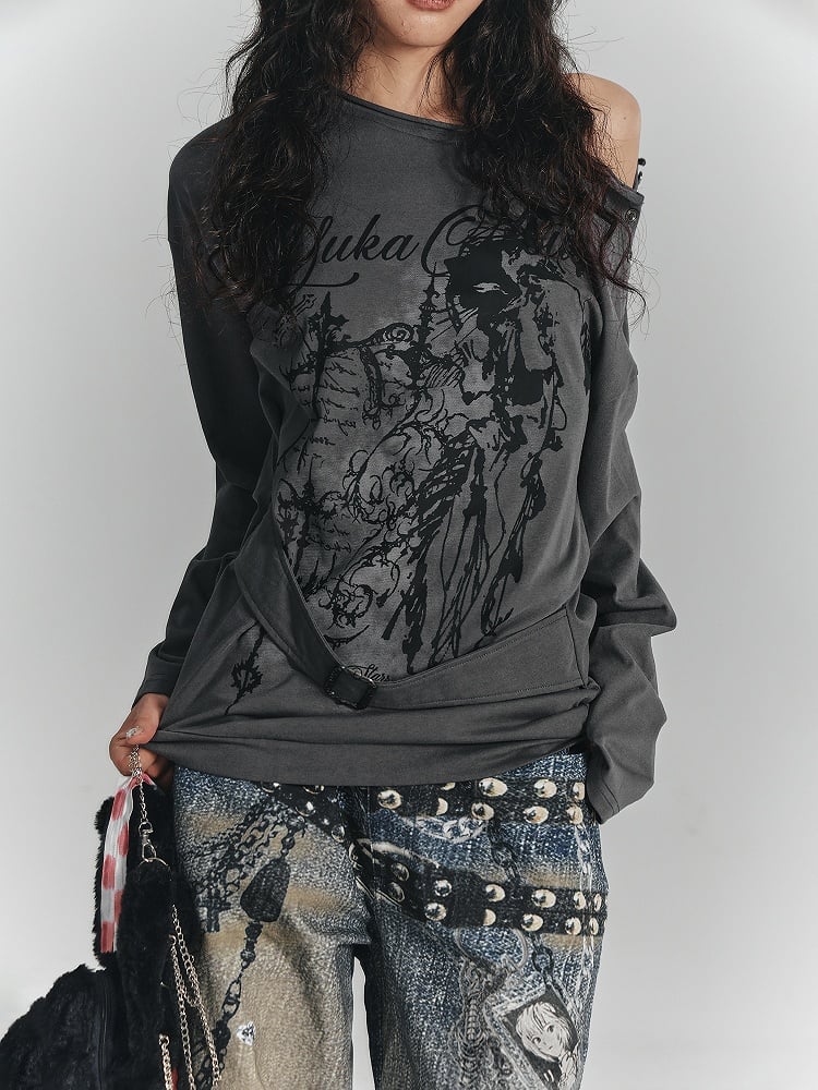 Square Print Gray Buckle T-Shirt Sleeve with Neck Long Asymmetrical Punk Strap Waist Black Graffiti