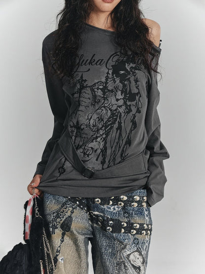 Square Print Gray Buckle T-Shirt Sleeve with Neck Long Asymmetrical Punk Strap Waist Black Graffiti