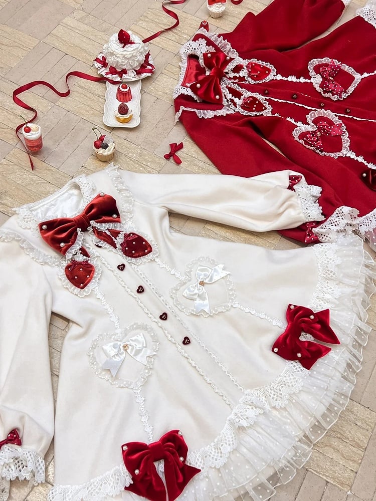 White Red Velvet Lace with and Bows Trim Coat Lolita
