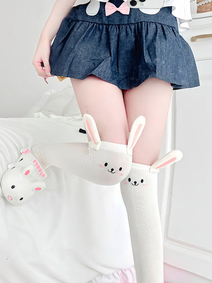 ホワイトのスイートロリータバニー耳オーバーニーストッキング