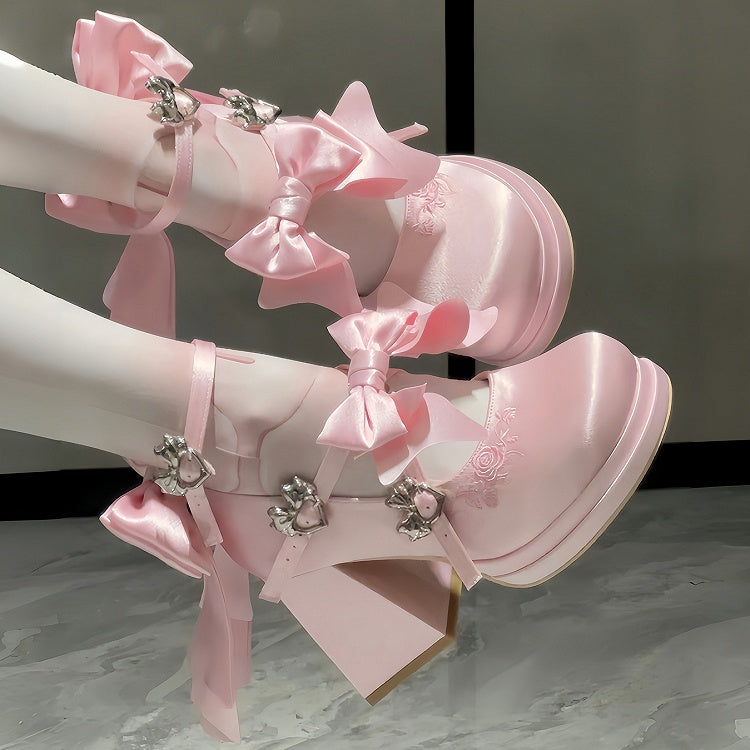 Bow Heart Details with Pink Satin for Janes Mary Lolita Detachable Elegant -