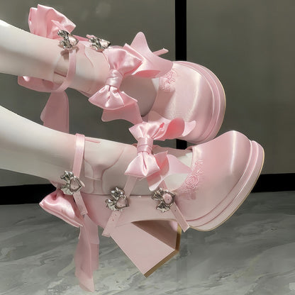 Bow Heart Details with Pink Satin for Janes Mary Lolita Detachable Elegant -