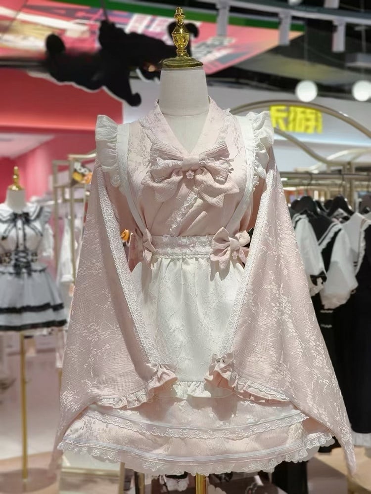 Wa Kei Pink Set-Bell Full Style Jirai Ärmel Blütenschürze Kleid + Flatteroutfit Festival Cherry