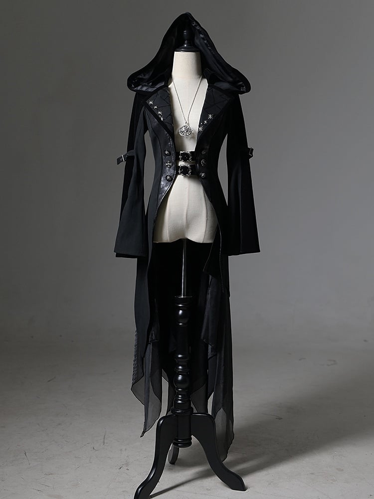 and Gothic Ouji Detachable Black Hood Irregular with Sleeves Coat Train Trumpet Lolita Trench