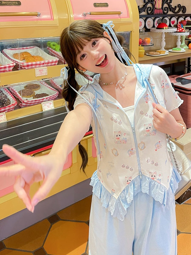 ジップアップフード付きキュートなキティプリントカーブヘムレースブルートリムTシャツ