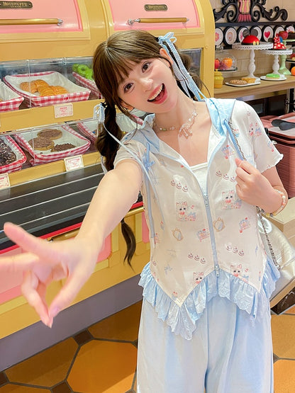 ジップアップフード付きキュートなキティプリントカーブヘムレースブルートリムTシャツ