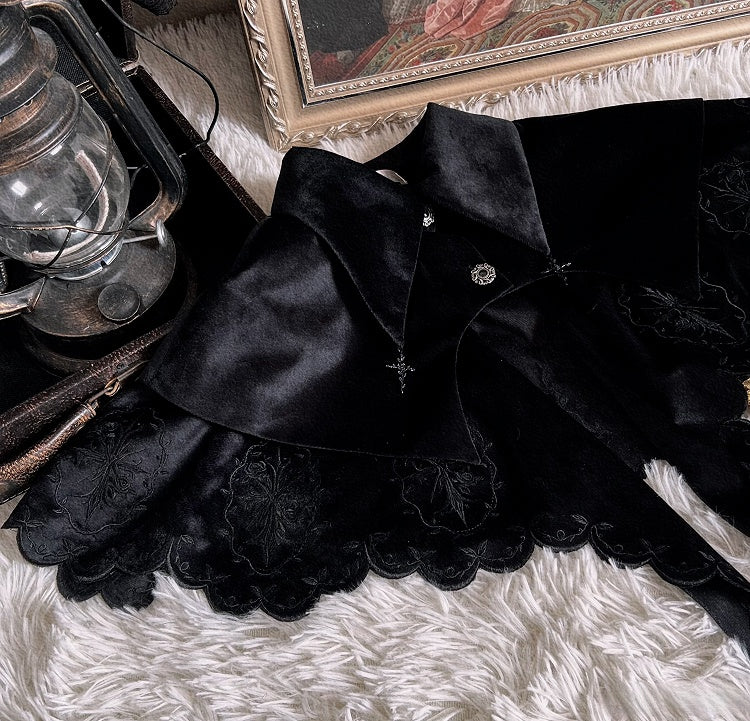 Black Gothic Witch Cloak with Roses & Cross Embroidery - With PUJI