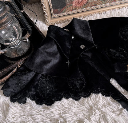 Black Gothic Witch Cloak with Roses & Cross Embroidery - With PUJI