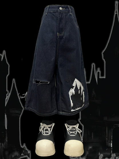 Cross Applique Design Shorts Dark Blue Distressed Holes Wide-Leg Cargo Y2K