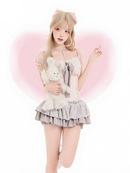 Pink Lace-Trim Puff-Sleeve Top with Sash Detail - serendipity