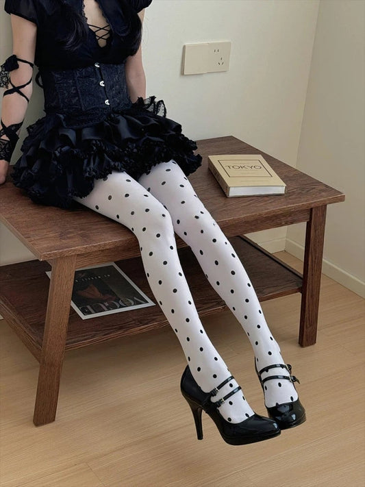 White Sweet Dot Style) (Vintage Black Polka Pantyhose