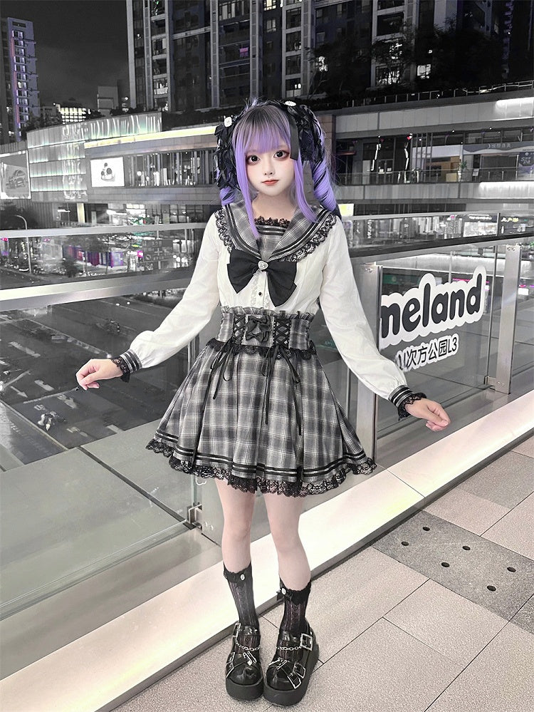 Plaid Gray Kei Style Waist Jirai High Skirt Lace-up with