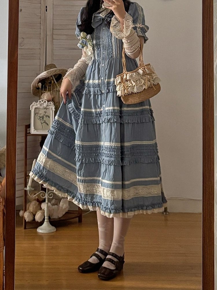 Blue Layered Ruffles Elegant Lolita Dress Front Button Placket - Miss Point