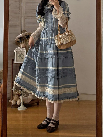 Blue Layered Ruffles Elegant Lolita Dress Front Button Placket - Miss Point