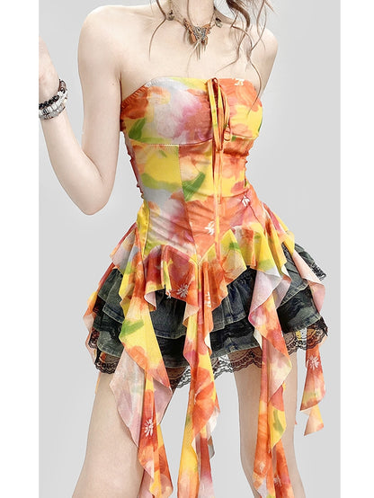 プリントトップ ラッフルアクセント オレンジチューブ ホリデーフローラルカスケーディング