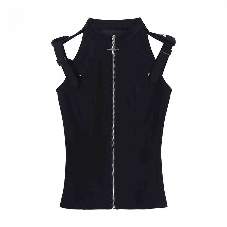 Schwarze Hose All + Techwear Top Set Ouji - Gürtel Ärmellos Mode Vollschürze Gothic