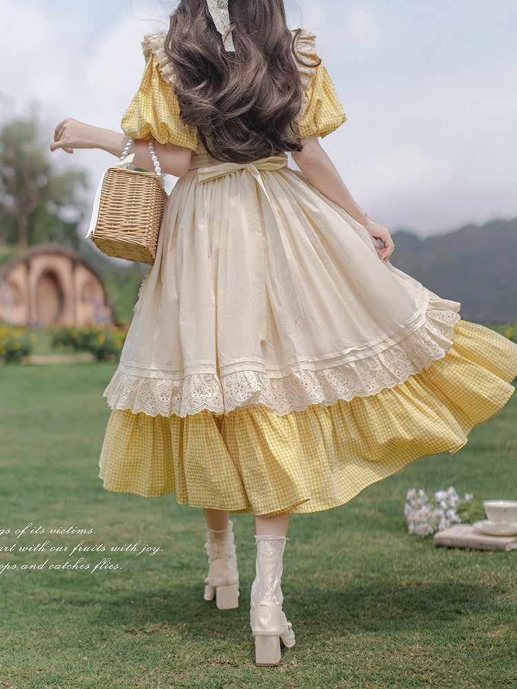 Plaid Lolita Yellow One Sleeves Neckline with Short Piece and Puff Square Sweet
