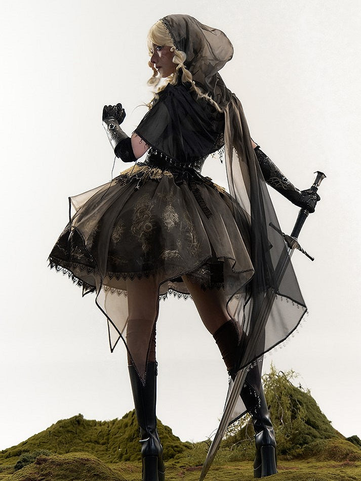 Brown & Gold Bone Dragon Embroidery Halter Neck Gothic Lolita Dress Set - Ying Luo Fu