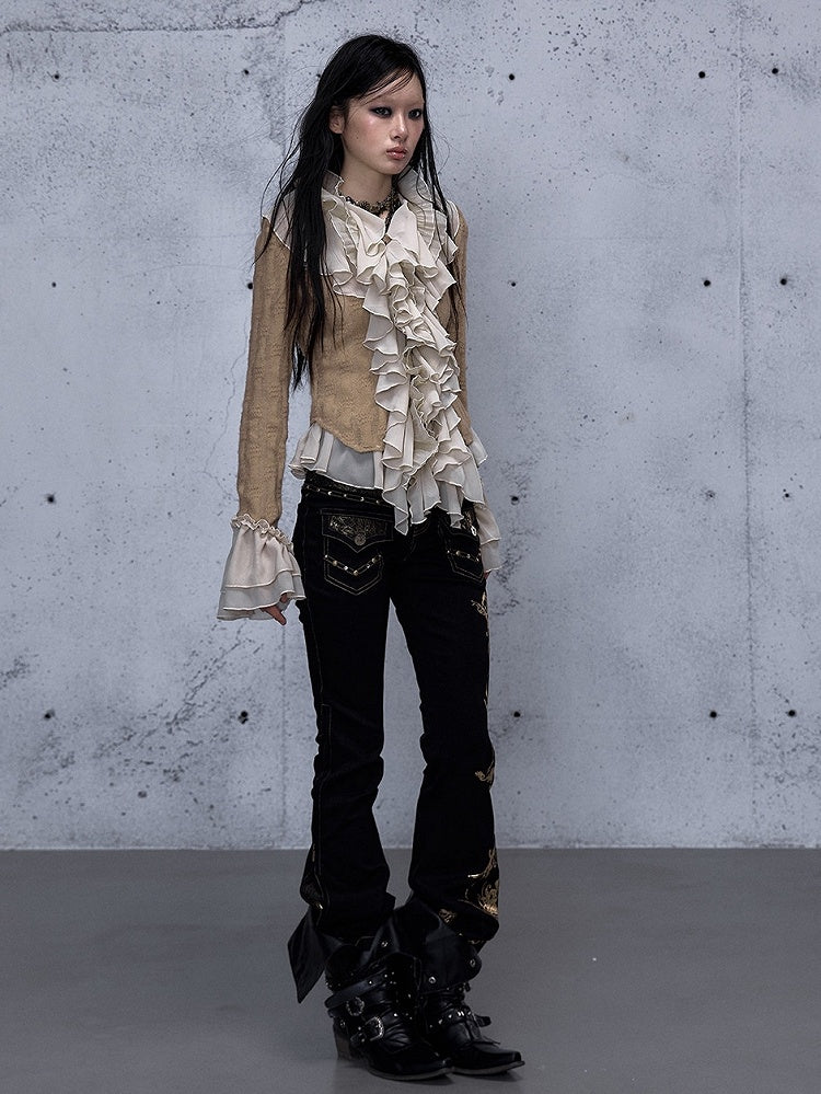 Ruffled Cuffs Khaki Top Bell Sleeve with Jabot Flounced Long