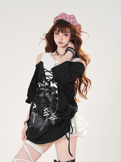 Schwarz/Graues T-Shirt mit Kerzenständer-Print und Schnürung vorne