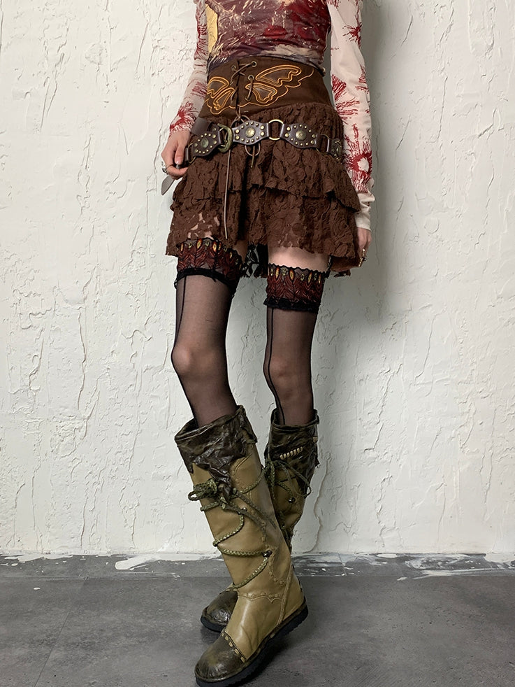 ブラックピーコックトリムストッキング Y2K フェザー柄 オーバーニー レース