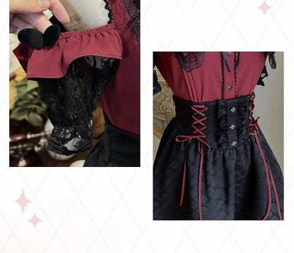 Red Open-Shoulder Set: Kei Blouse Black 3-Piece Bow Skirt Tie and Jirai Contrast High-Waist with