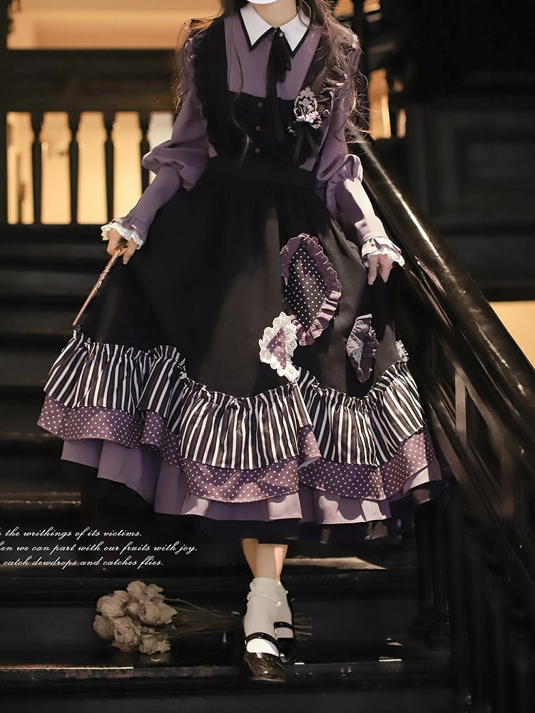 Dress Bittersweet Lolita Apron in Black Stripes and Purple Polka Dot