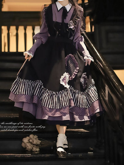 Dress Bittersweet Lolita Apron in Black Stripes and Purple Polka Dot