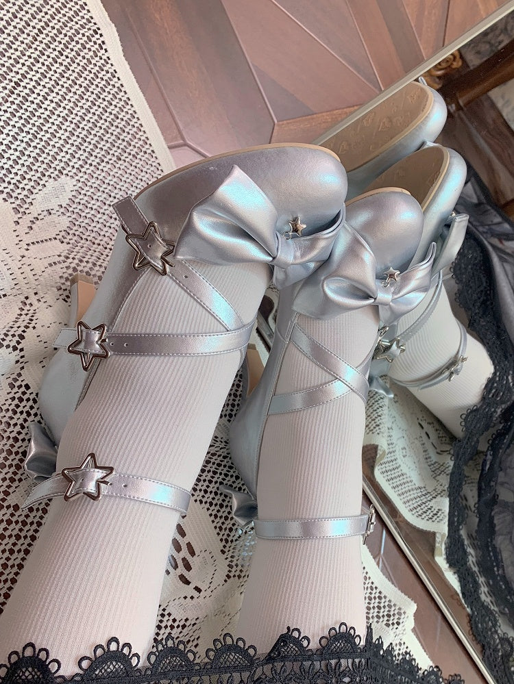 and Star with Bow Silver Buckles Shoes High-heel 6.5cm Details Sweet
