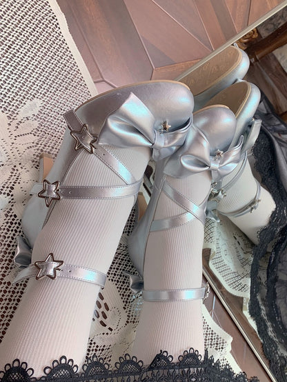 and Star with Bow Silver Buckles Shoes High-heel 6.5cm Details Sweet
