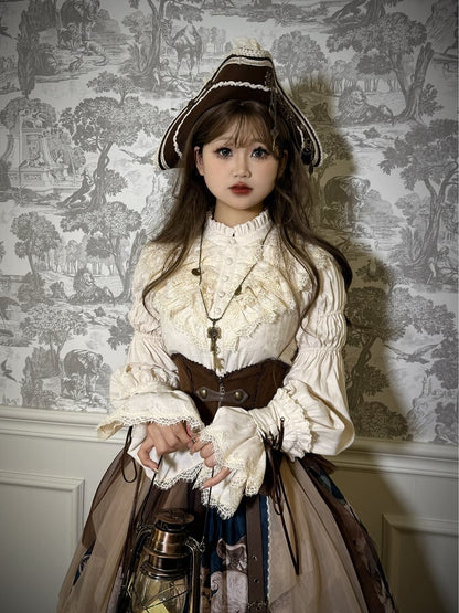 Beige Sleeves Ruffle Blouse Neckline Leg-of-Mutton