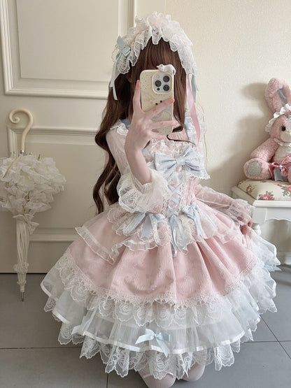 JSK Train / Details Lolita Embossed Dress Pink Only Bow Lace Jacquard Ruffled Princess + with Cute